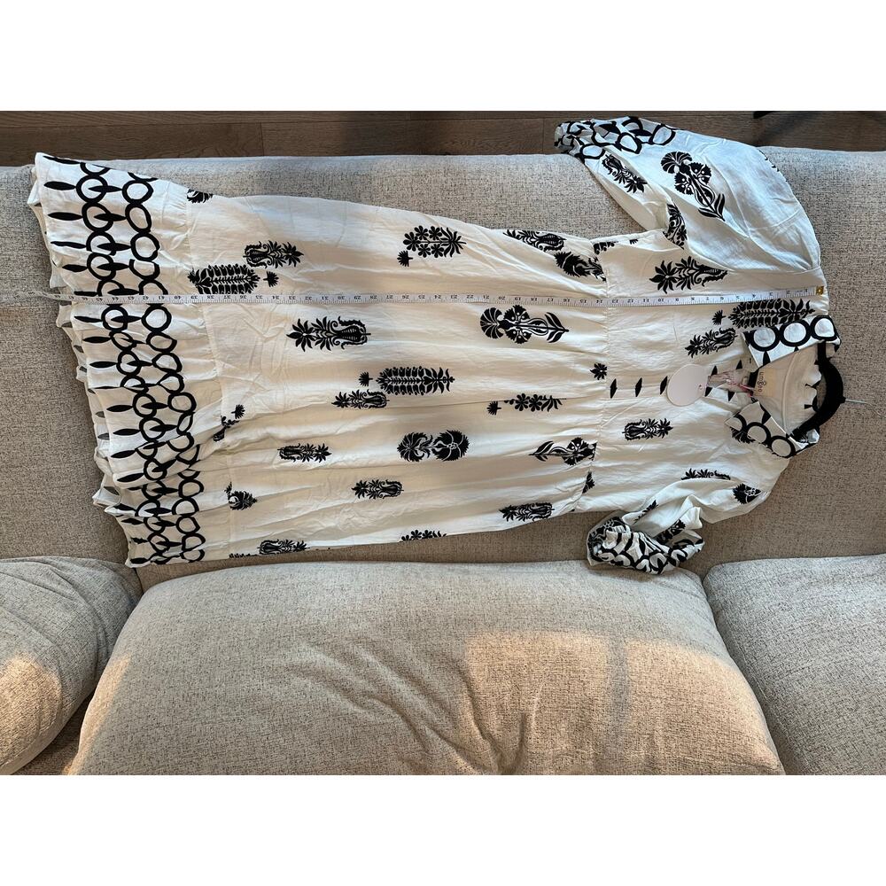 NWT Cora Black and Cream Boho Print Midi Dress with Puff Sleeves Large - Picture 9 of 9